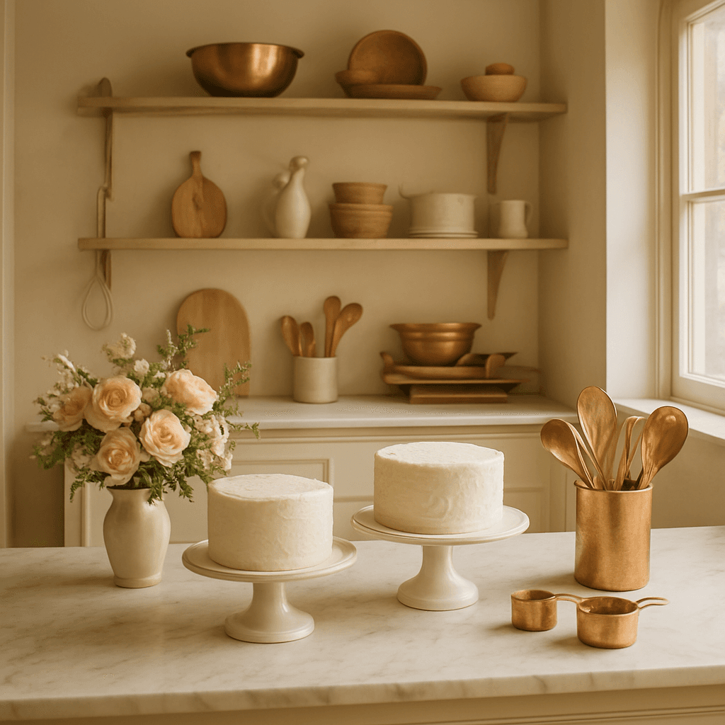 Warm boutique bakery studio interior with marble counter, cake stands, and fresh flowers