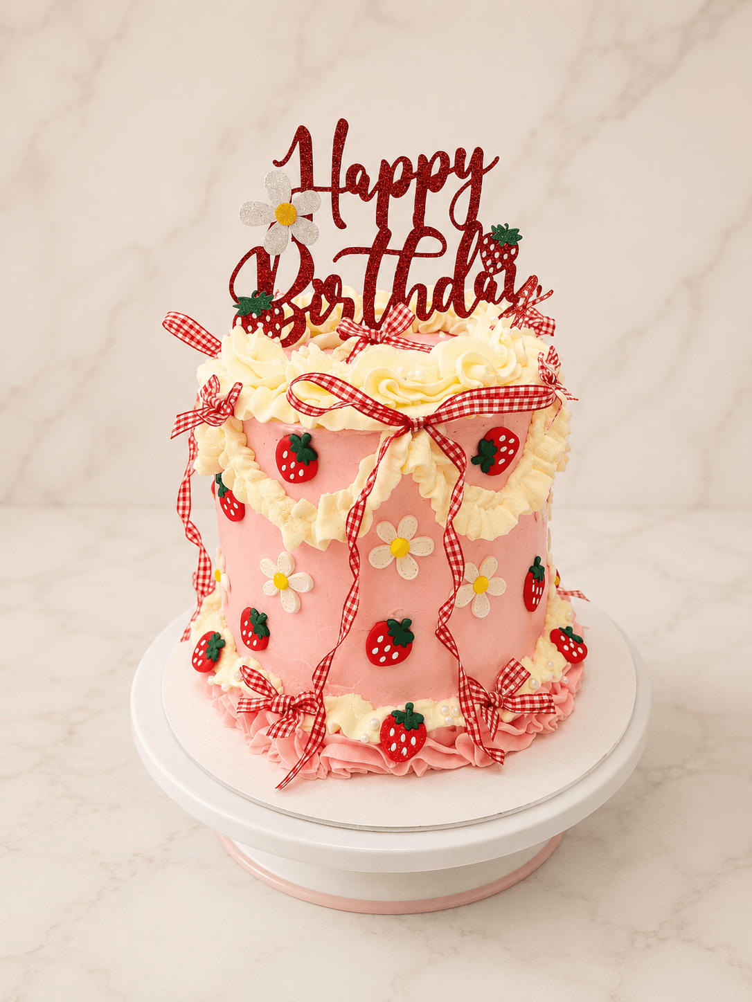 Pink strawberry birthday cake with piped cream ruffles, fondant strawberries, daisies, and red gingham bows