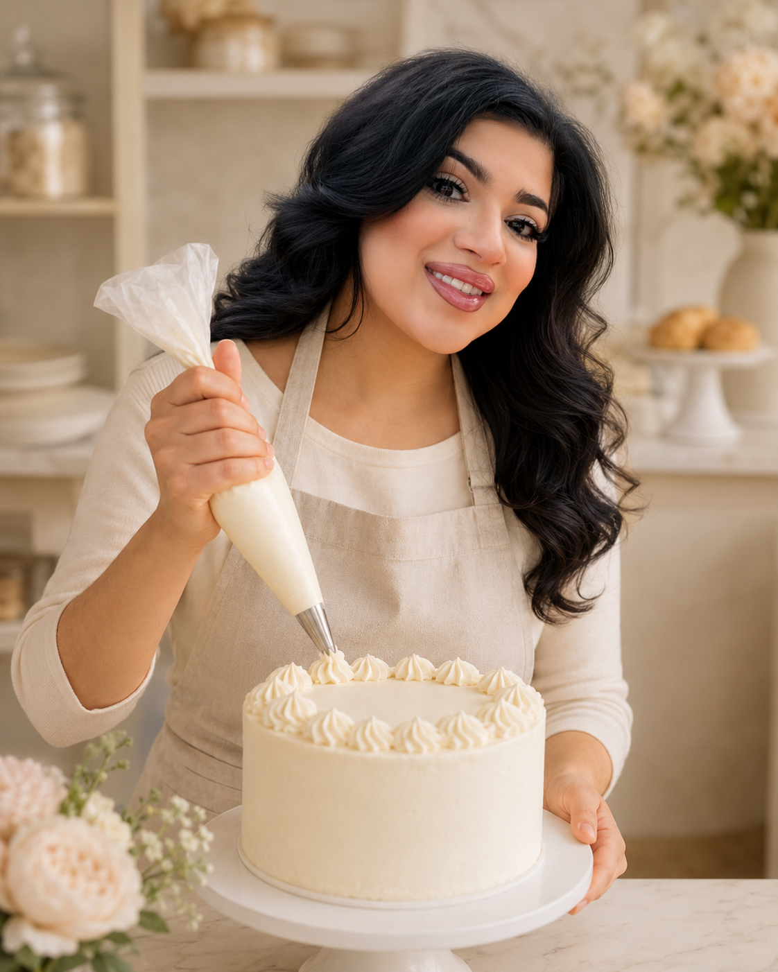 Pastry chef in a linen apron piping buttercream onto a cake in a bright studio