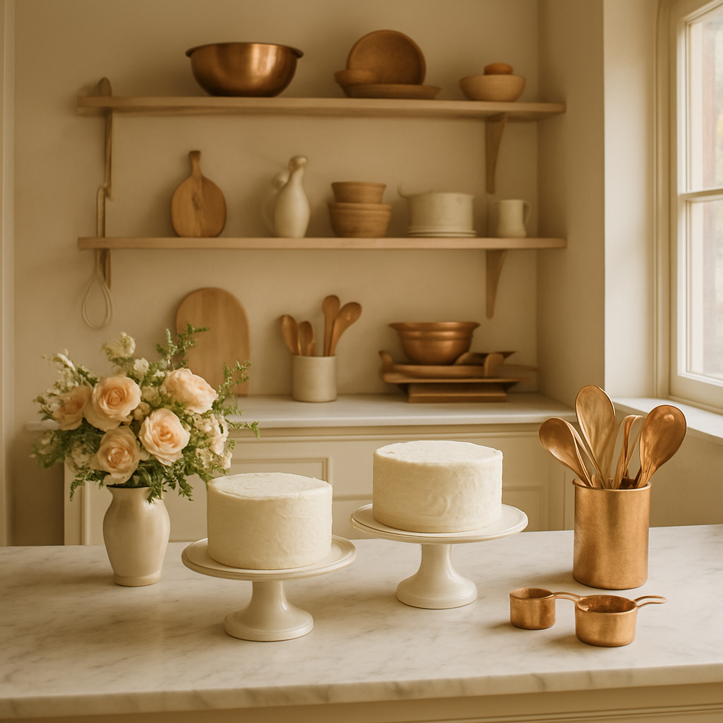 Warm boutique bakery studio interior with marble counter, cake stands, and fresh flowers