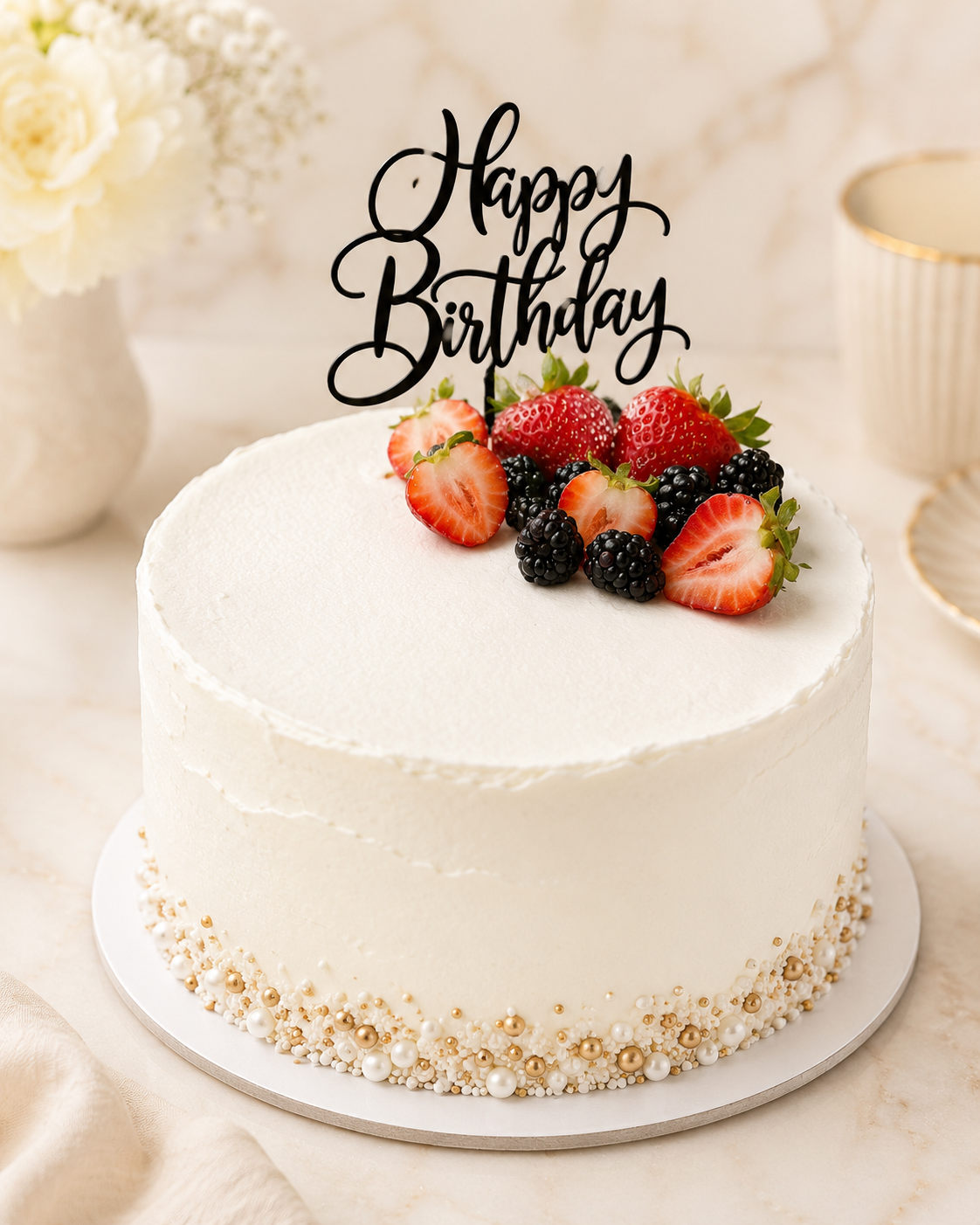Smooth white celebration cake with a pearl border and a Happy Birthday topper