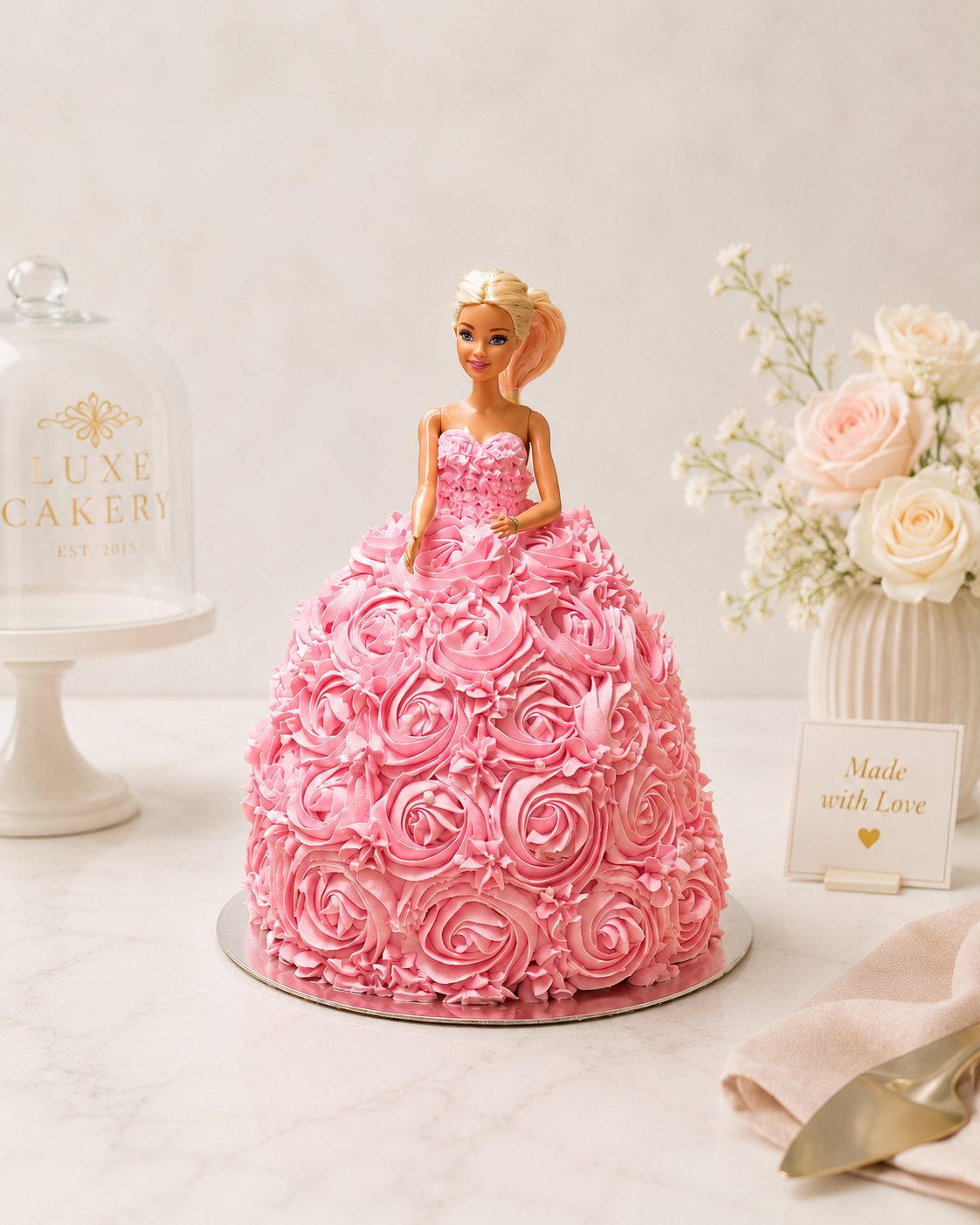 Doll cake with a sculpted pink buttercream rosette gown
