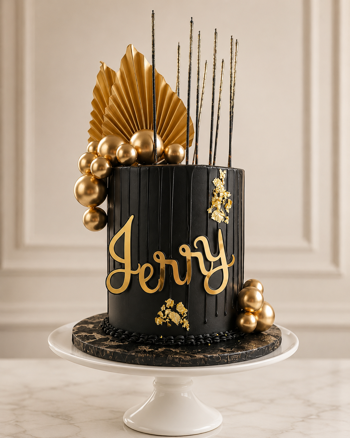Sleek black cake with gold leaf, gold spheres, and a personalized name in gold