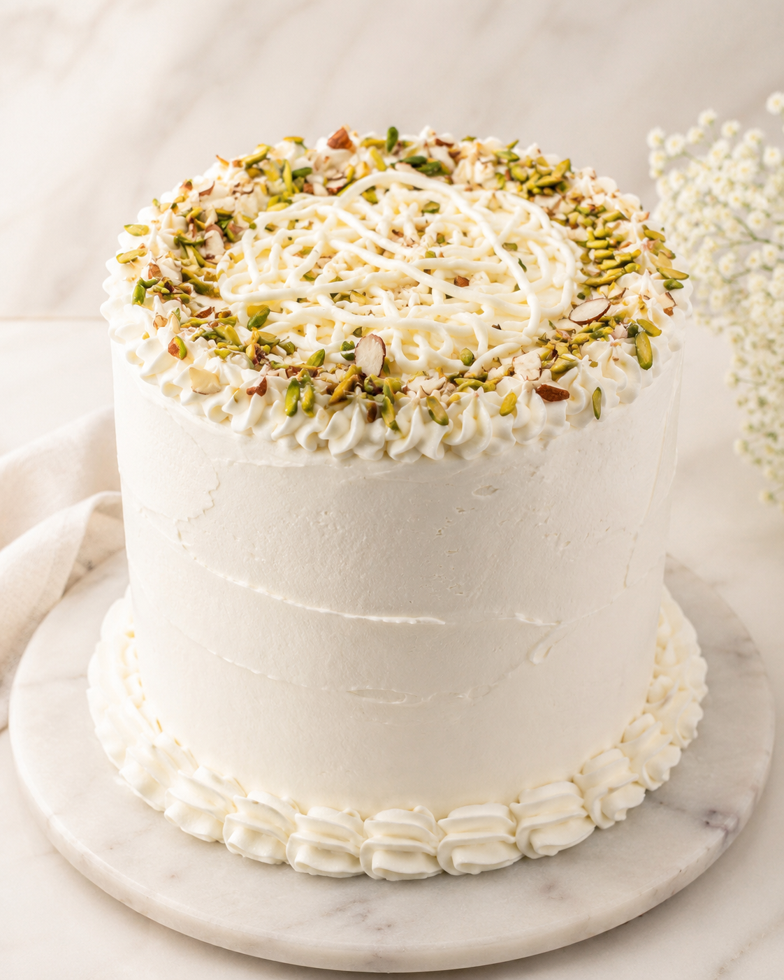 White cake topped with pistachio cream swirls and gold-dusted leaves